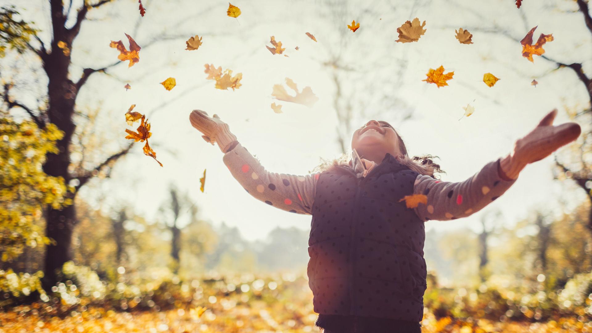 Child playing in leaves